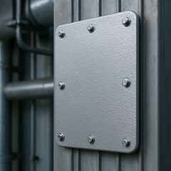 Fototapeta premium Close up of a textured metal access panel secured with six hexagonal bolts on a ribbed metal surface