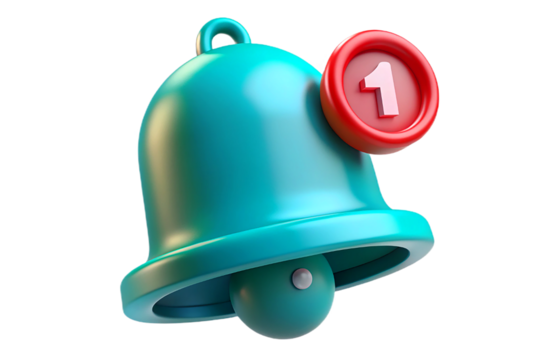 3d rendered teal bell with notification badge showing number one