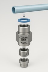 Exploded view of industrial pipe fitting assembly with cooling mold part