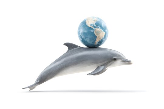 A dolphin balancing a globe on its nose, geography learning concept, 3d animation, isolated on a white background
