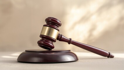 Close-up of the polished wooden judge gavel resting upon its block, captured within warm soft light featuring a neutral background, symbolizing justice, law, and authority