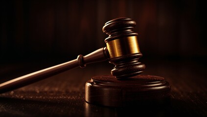 Close-up of the wooden judge gavel featuring golden band resting upon a dark polished block within a dimly lit courtroom setting, symbolizing justice, authority, and legal decision-making