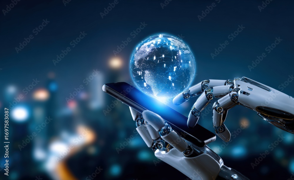 Poster robot hand using smartphone with digital global network hologram, artificial intelligence in global 