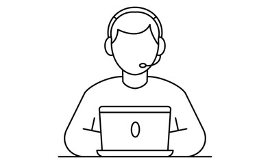リモートワーク中のパソコン操作人物のアイコンイラスト、ヘッドセット