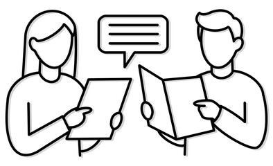 書類を確認しながら相談する男女のアイコンイラスト