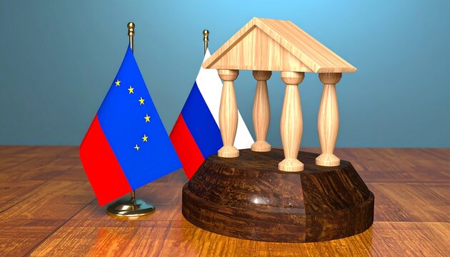 Wooden temple model between flags