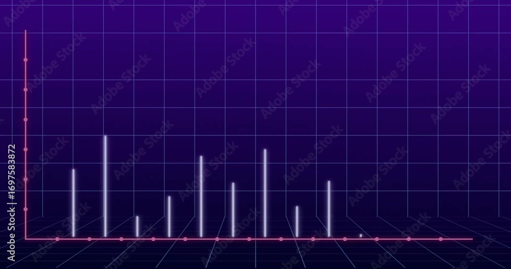 Poster displaying glowing vertical bars rising from base on virtual 3d grid, featuring pink axis markers