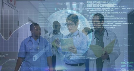 Walking medical team reviewing patient data in hospital corridor, with tablet and digital overlays