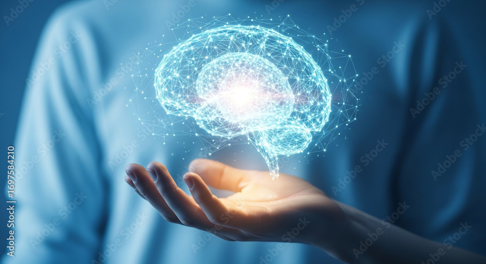 Poster empowering innovation and knowledge with glowing digital brain emerging from open hand