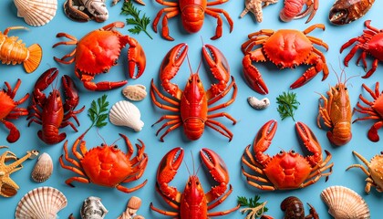 Vibrant Flat-Lay Seamless Pattern Featuring Crabs, Lobsters, and Shells on a Blue Background