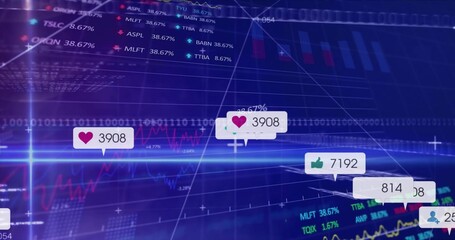 Displaying callouts showing heart and like counts on financial dashboard with line and bar graphs
