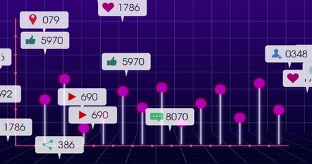 Displaying social media analytics chart with rising bars, spheres, icon callouts on purple grid