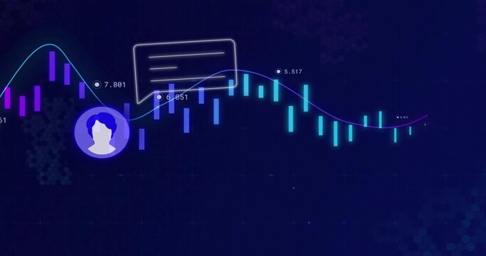 Displaying data visualization weaving line through glowing bars on dashboard, with numeric markers