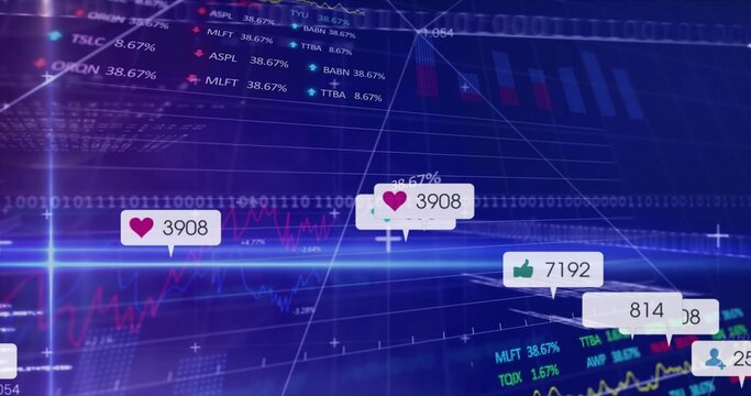 Displaying callouts showing heart and like counts on financial dashboard with line and bar graphs - Powered by Adobe