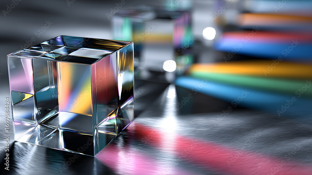Poster crystal cube reflecting light with colorful background