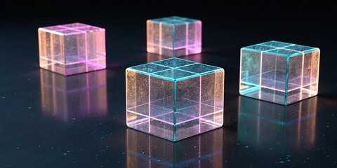 Four translucent cubes with colorful light reflections on a dark surface