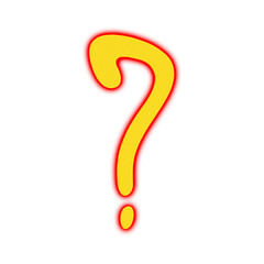Fototapeta premium A vibrant yellow question mark with a fiery red neon glow isolated on a clean white background, representing inquiry, doubt, and curiosity