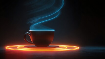 Coffee cup hovering above neon glowing plate with steam in shapes