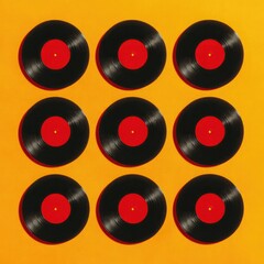 Bright yellow background features neatly arranged black vinyl re
