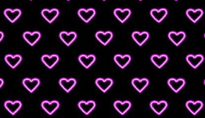 Repeating pattern of bright pink neon hearts on black background