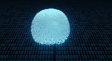 Secure your digital world with glowing biometric fingerprint identification over binary code data stream