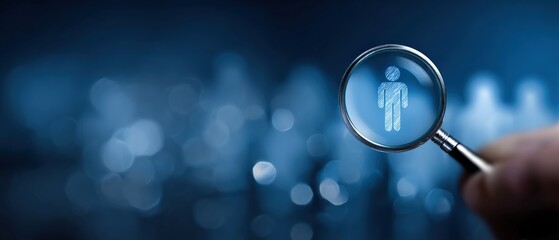Magnifying glass focusing on a person icon, recruitment process and talent acquisition concept