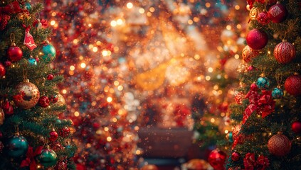 Fototapeta premium Beautifully decorated Christmas trees adorned featuring ornaments and ribbons glow warmly with sparkling holiday lights, creating the festive and magical seasonal atmosphere indoors