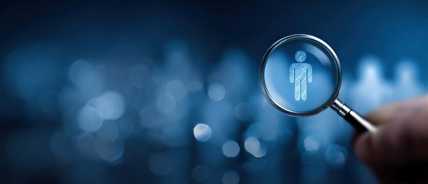 Magnifying glass focusing on a person icon, recruitment process and talent acquisition concept