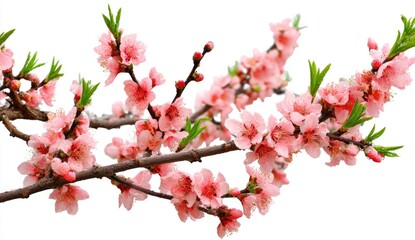 Delicate branches of a blossoming peach tree with soft pink flowers and fresh green leaves against a white background