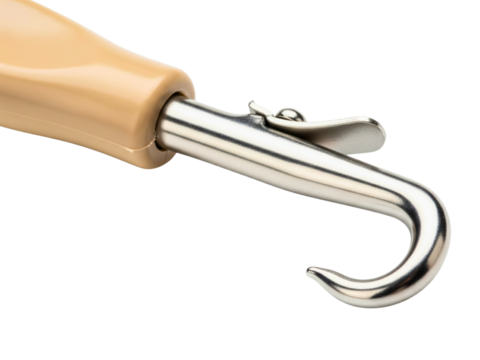 Close-up of a metal prosthetic hook on an artificial limb on a transparent background