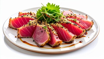 Seared Tuna Slices with Sesame Seeds and Greens on White Plate