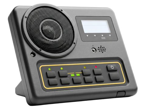 Electronic control panel with a speaker and digital display on a transparent background