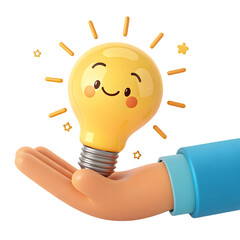 Cheerful light bulb held by hand isolated on a transparent background