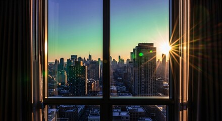 Sunrise over City Skyline Viewed from Modern Window with Curtains