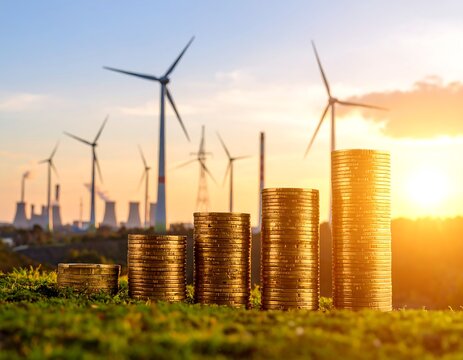 Golden coins stacked in a rising graph against a backdrop of wind turbines and sunset - Powered by Adobe