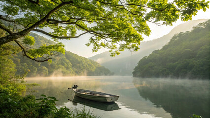 Serene misty morning with a boat on a calm lake surrounded by lush green forest