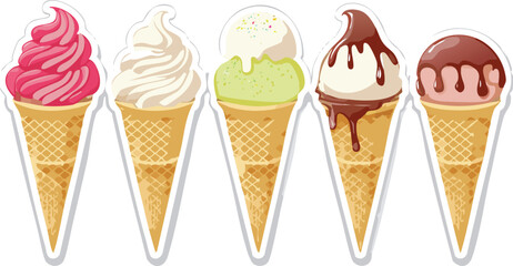 Five colorful ice cream cones with toppings strawberry vanilla