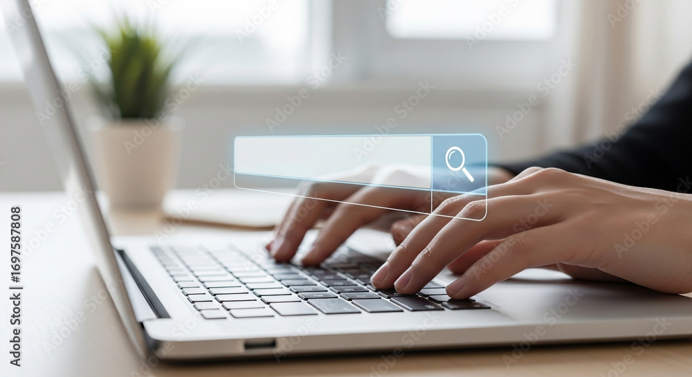 Poster hands typing on laptop keyboard with search bar overlay capturing digital information and online res
