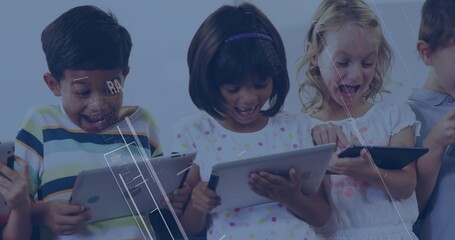 Smiling four children interacting with tablets and smartphone in blue studio, interface overlays
