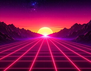 A vibrant, futuristic landscape unfolds, showcasing a highway stretching into a sunset horizon with neon pink gridlines and mountains.