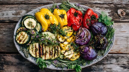A platter of vibrant grilled vegetables, featuring slices of zucchini, yellow and red bell peppers, eggplant, and onions, garnished with fresh herbs, arranged attractively on a rustic wooden surface.
