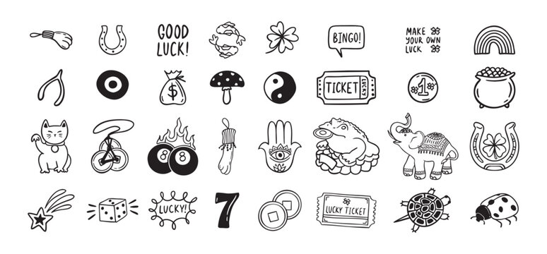 Good Luck doodle Symbols Set. Hand drawn lucky icons. Asian talismans and charms outline set.