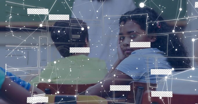 Turning curly-haired girl looking over shoulder at classroom desk, with digital network overlay