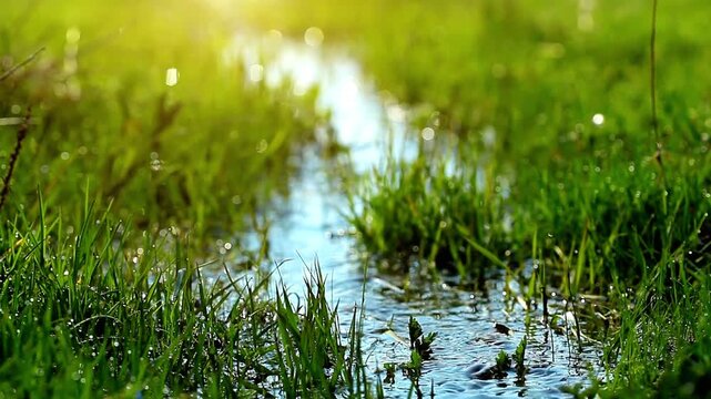 green grass and water, spring brook