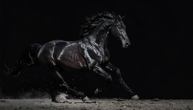 Dramatic black horse in motion