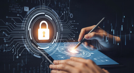 Digital security interface with glowing padlock and human hand interacting with futuristic tablet screen
