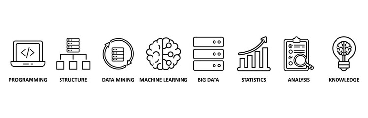 Data science icon set vector illustration for programming, structure, data mining, machine learning, big data, statistics, analysis, knowledge