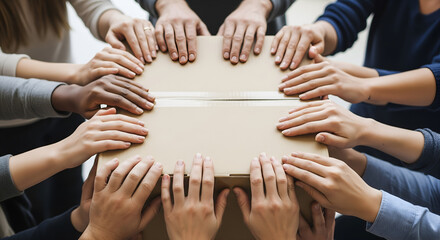 Many Hands Holding Cardboard Box, Teamwork and Collaboration