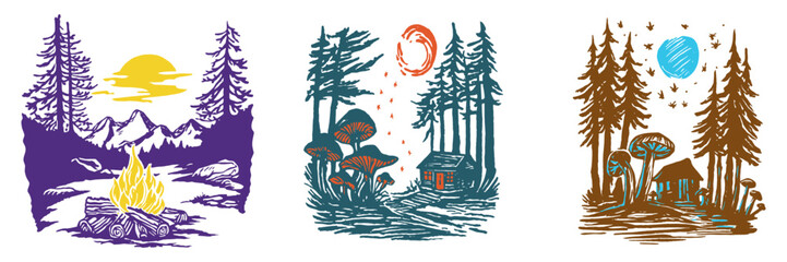 Cozy Wilderness Scenes with Campfire, Forest, and Cabin Elements