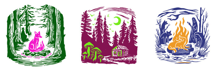 Whimsical Forest Scenes with Fox, Cabin, and Campfire Illustrations